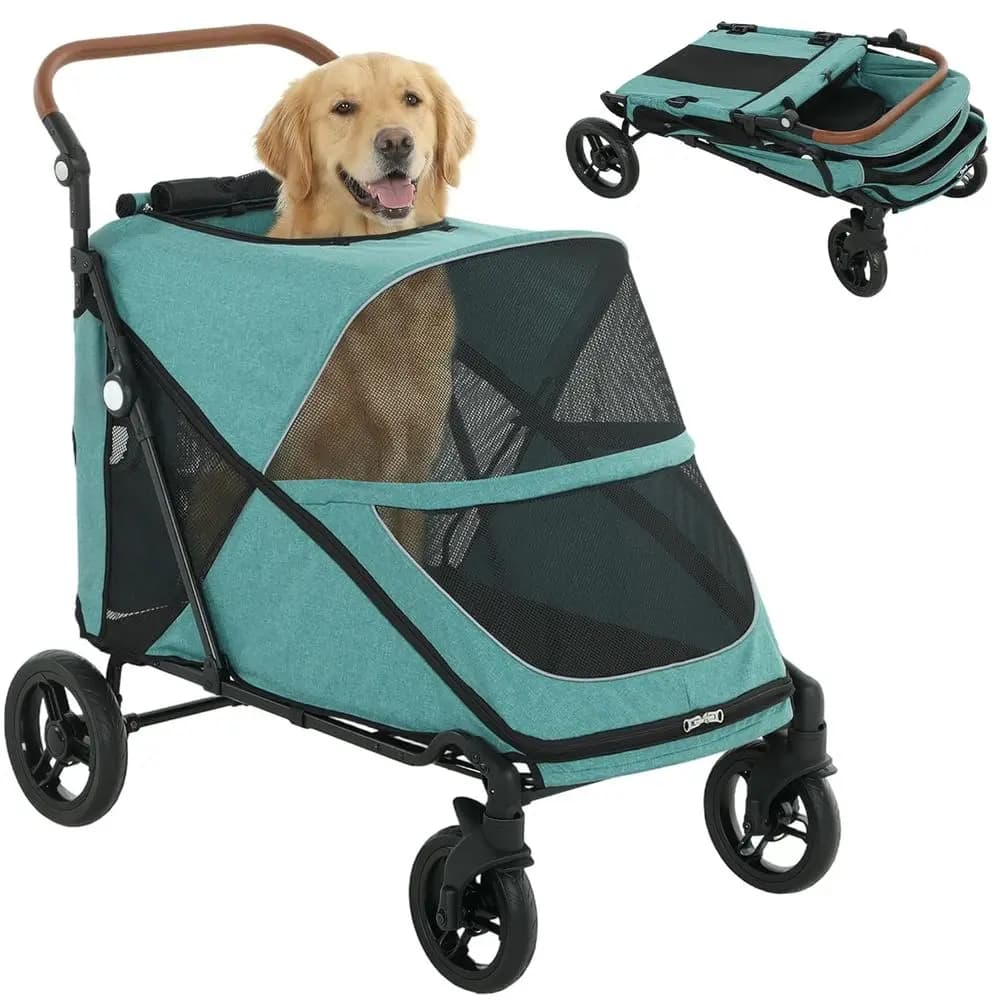 Passeggino per cani di grossa taglia, 4 ruote, per tutti i terreni, fino a 30 kg, maniglia regolabile, finestra in rete, verde acquamarina