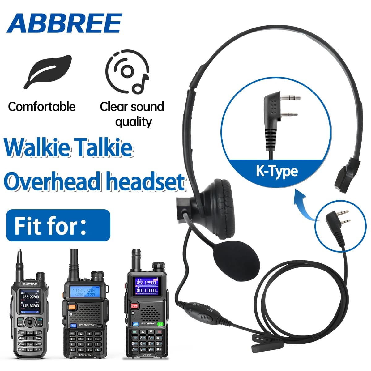 ABBREE Auricolari montati sulla testa 2Pin K Plug Walkie Talkie Auricolare PTT/VOX Microfono per Baofeng UV-5R UV-21 UV-5RH Quansheng UV-K5 UV-K6