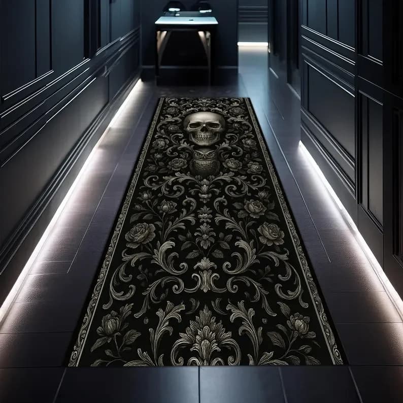 Tappeto runner gufo con teschio gotico Tappeto floreale barocco scuro Tappeto da corridoio nero Decorazioni per la casa gotiche occulte Tappetino elegante raccapricciante