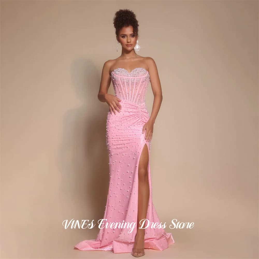 Vestito da sera rosa VINES con perline, abito da ballo con spacco alto, abito formale da festa, scollo a cuore, abito da ballo personalizzato per donna