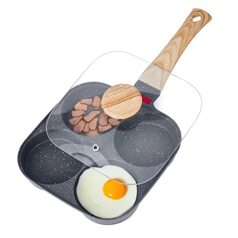 Padella per uova, padella antiaderente per uova da 4 porzioni, padella in alluminio per omelette per colazioni, pancake, hamburger, sandwich, con coperchio, pennello per olio, raschietto, compatibile con fornelli a gas e piani cottura a induzione