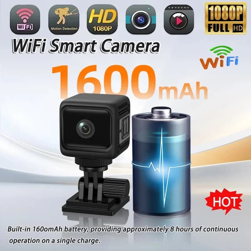 Mini Telecamera WiFi HD 1080P con Batteria a Lunga Durata, Videocamera di Sicurezza Domestica Intelligente, Visione Notturna, Rilevamento del Movimento, Body Cam
