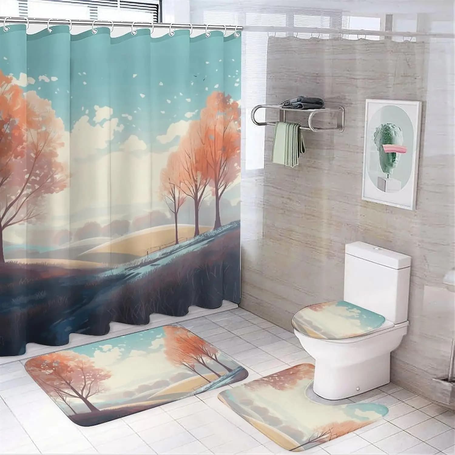 Set di tende da doccia con motivo autunnale, 4 pezzi, con tappeti antiscivolo, copriwater e tappetino da bagno, morbido tappeto da bagno, pipistrello impermeabile