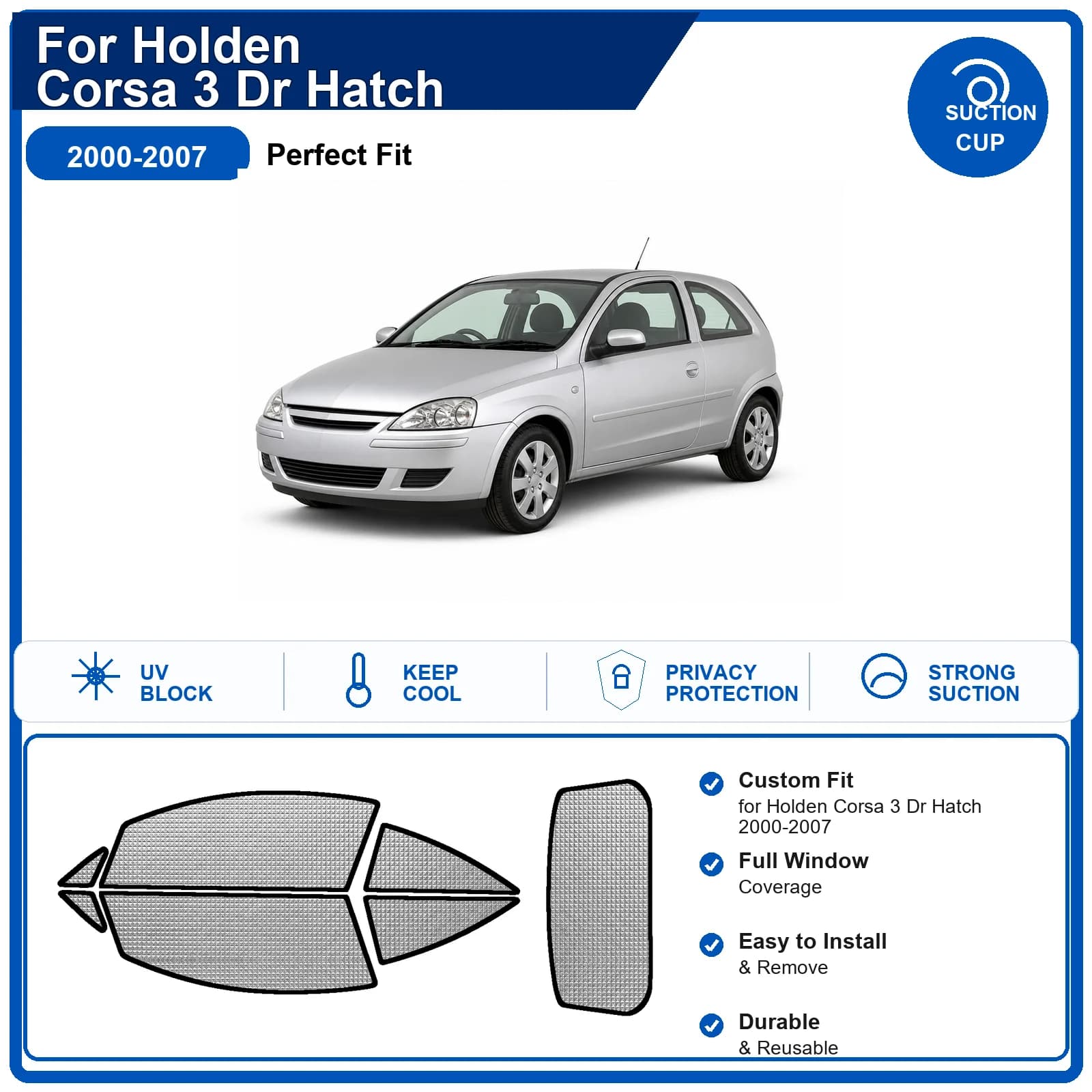 For Holden Corsa 3 Dr Hatch 2000-2007 Custom Full Set Windshield Sun Shade Aluminum Foil Heat Insulation Anti UV Foldable