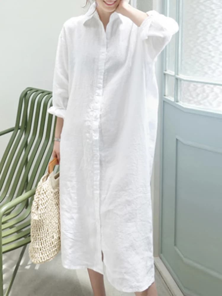 Sweatshirt Korean fashion Shirtdress woman summer revolved neck long sleeve loose sundown Casual Solid Holiday Midi Dress caftano Robe