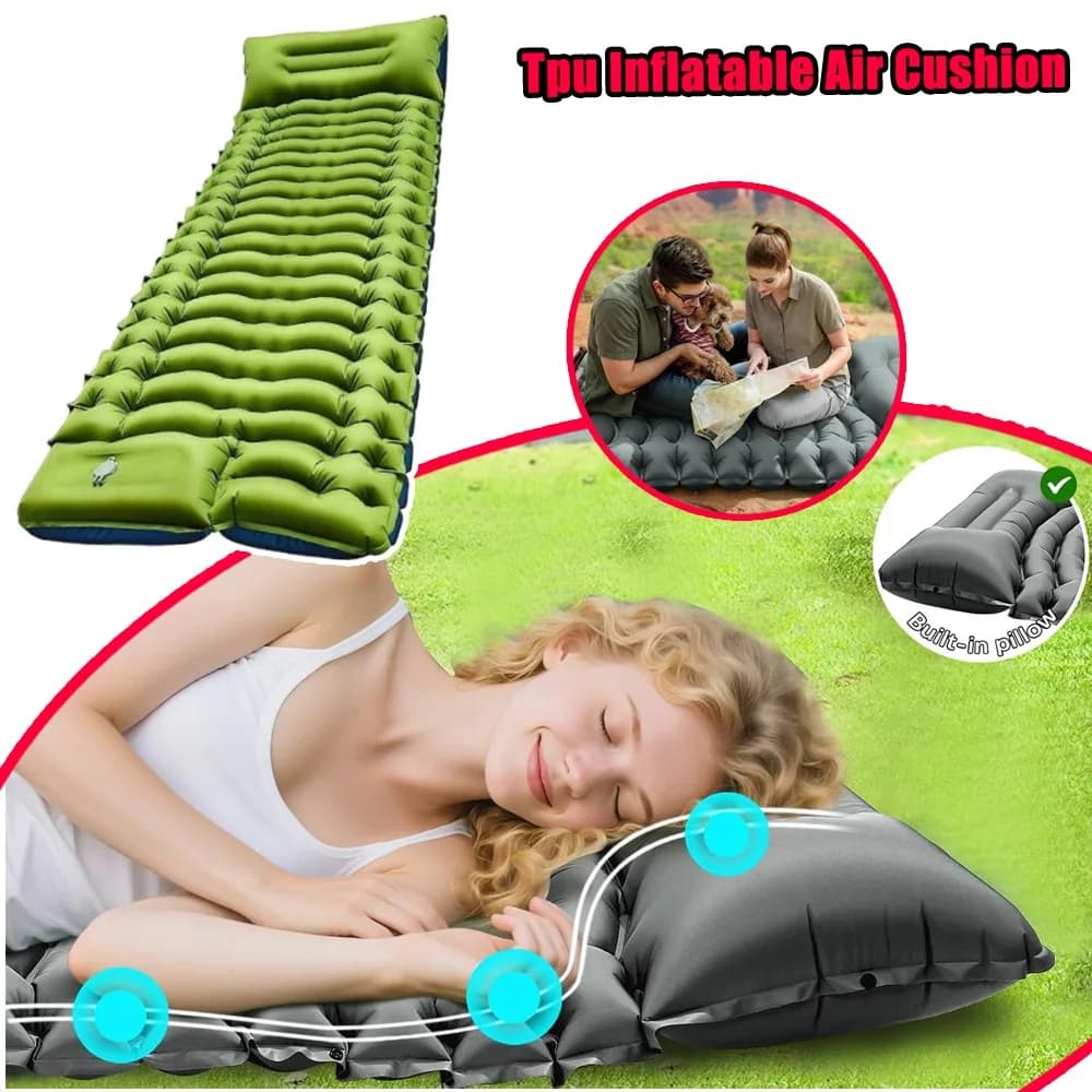 Materassino da campeggio ultraleggero gonfiabile con cuscino integrato e pompa a pedale per backpacking, escursionismo, spiaggia, tenda e viaggi