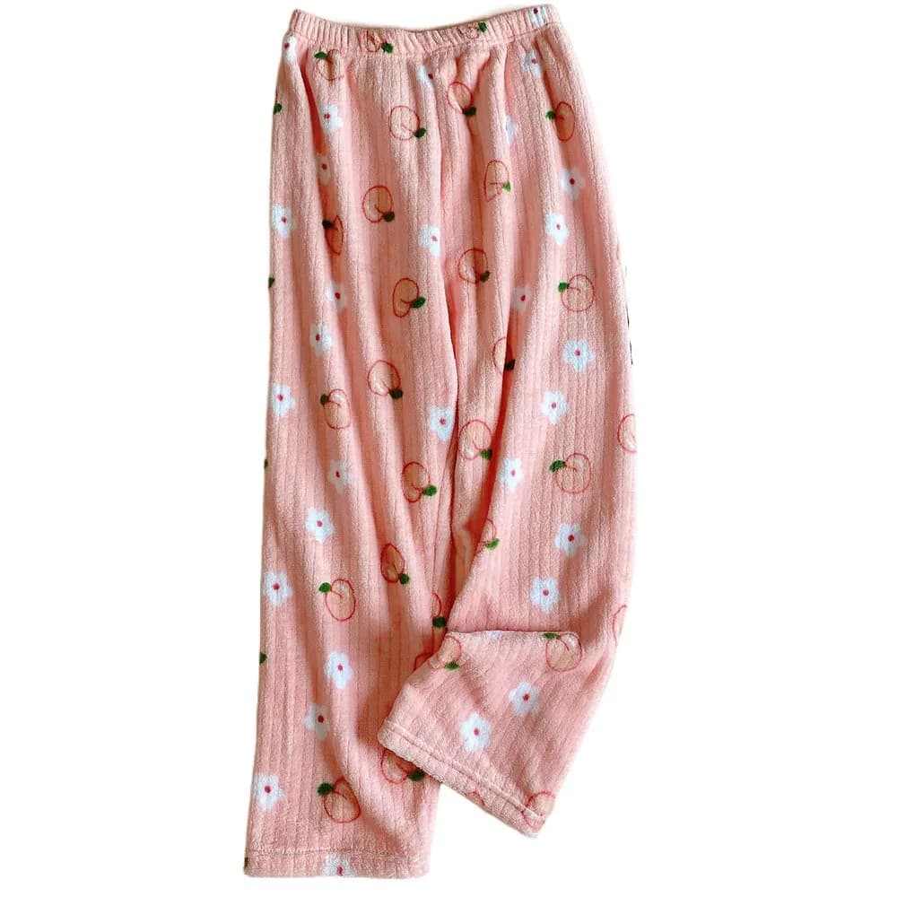 Kawaiii Bowknot Peach Pajama Pants Loose Nightwears Flower Fleece Trousers Sweet Home Clothing Coral Fleece Pants Sleepwear