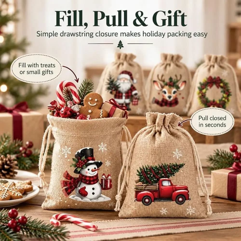 5pcs Eco-Friendly Reusable Burlap Gift Bags Rustic Lightweight Drawstring Gift Bags Durable Candy Bags Home Decor