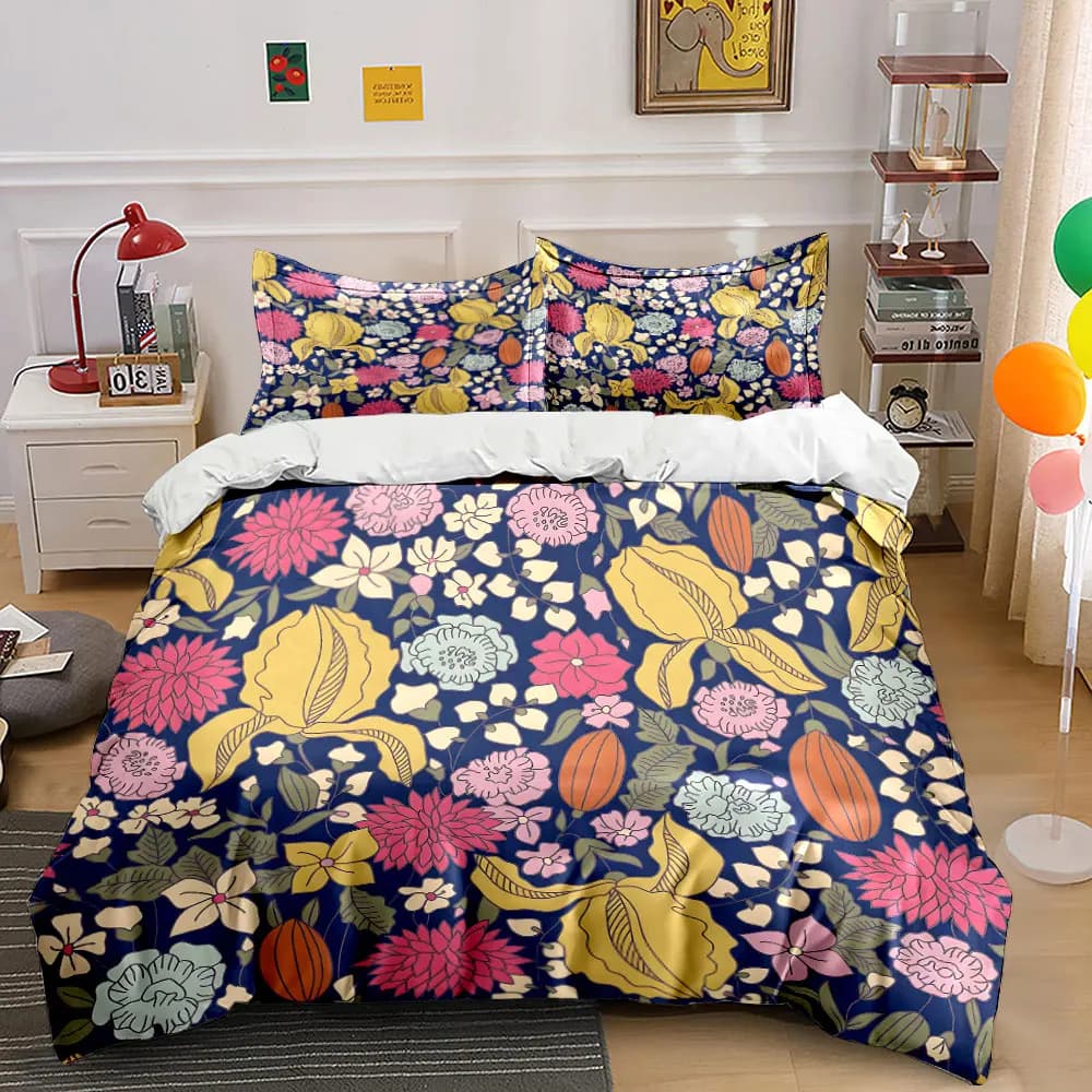 Set copripiumino con motivo floreale e foglie colorate, stampa digitale, biancheria da letto in poliestere colorato con chiusura a cerniera, ideale come regalo per bambini.