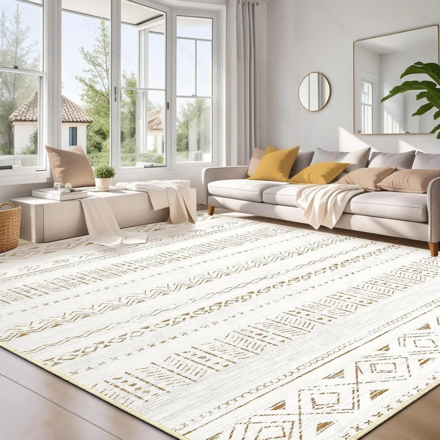 Washable 6x9 Area Rugs for Living Room, Non Slip Boho Carpet with Stain Resistant, Soft Indoor Rug for Bedroom Farmhouse, Lightweight Home Decor, Brown/Cream