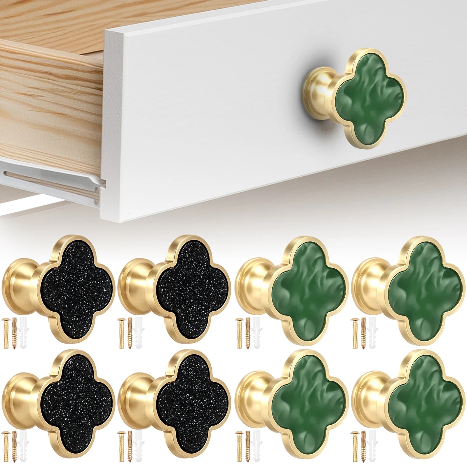 4pcs Golden Leaf Clover Cabinet Handles Polished Zinc Alloy Drawer Knob and Pull for Dresser Bathroom Vanity Hardware Wall Hooks