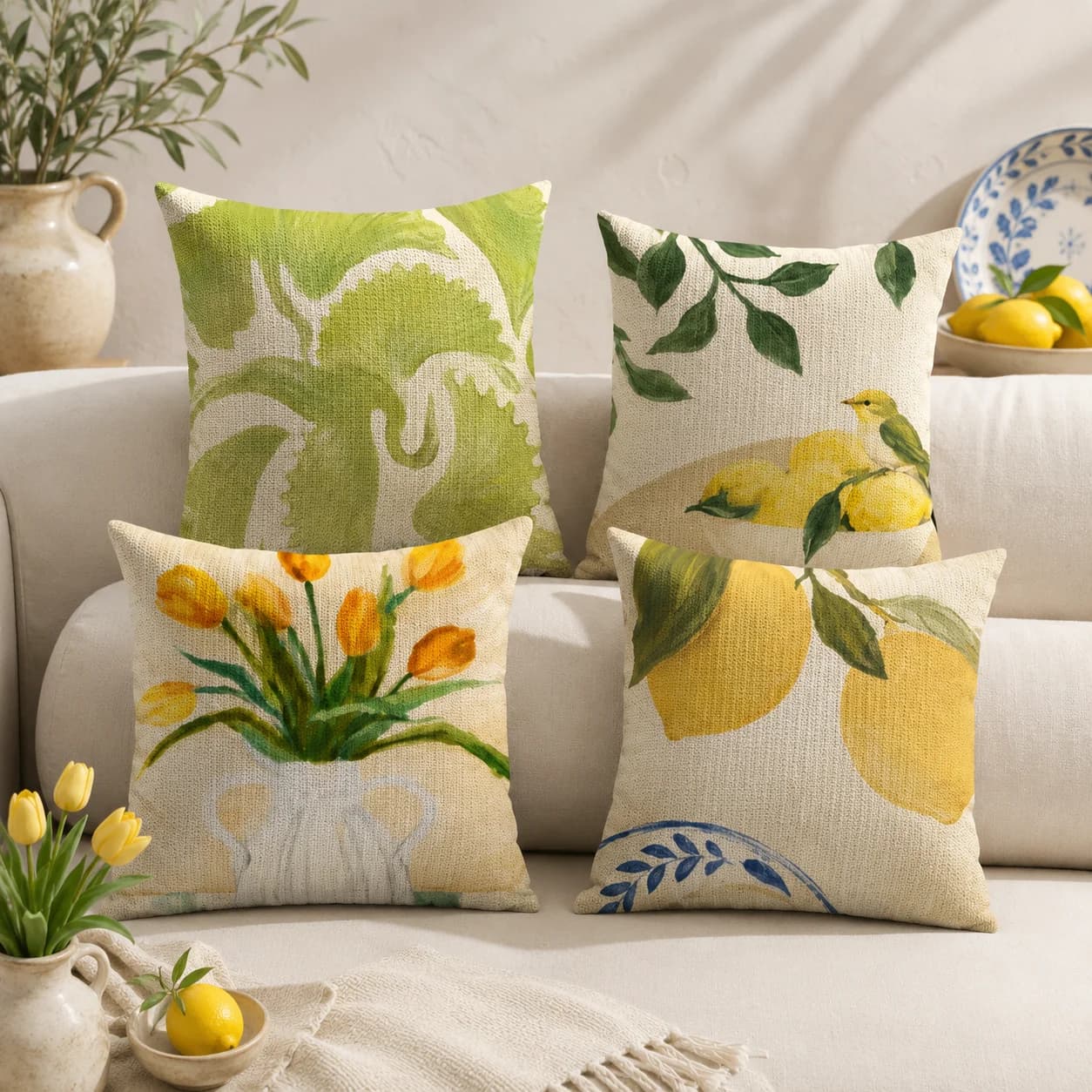 Pajama Girl Lemon Flowers Vase Gallery Linen Cushion Cover Double-Sided Printed Breathable Soft Pillow Case For Sofa Home Gift