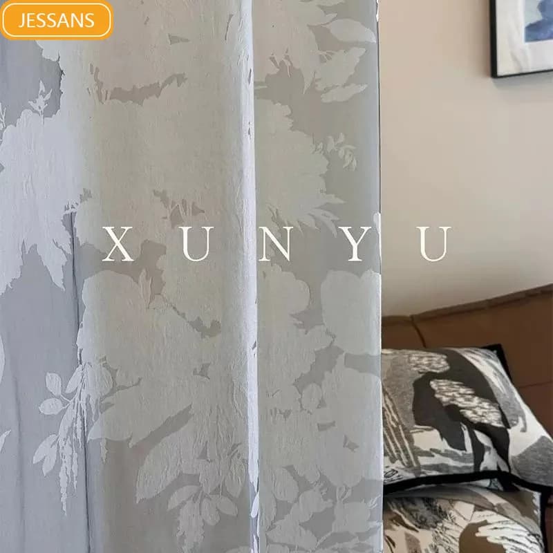 Vintage Silver Grey Jacquard Curtains for Living Room Balcony Bedroom French Window Customized Partition Curtains Finished