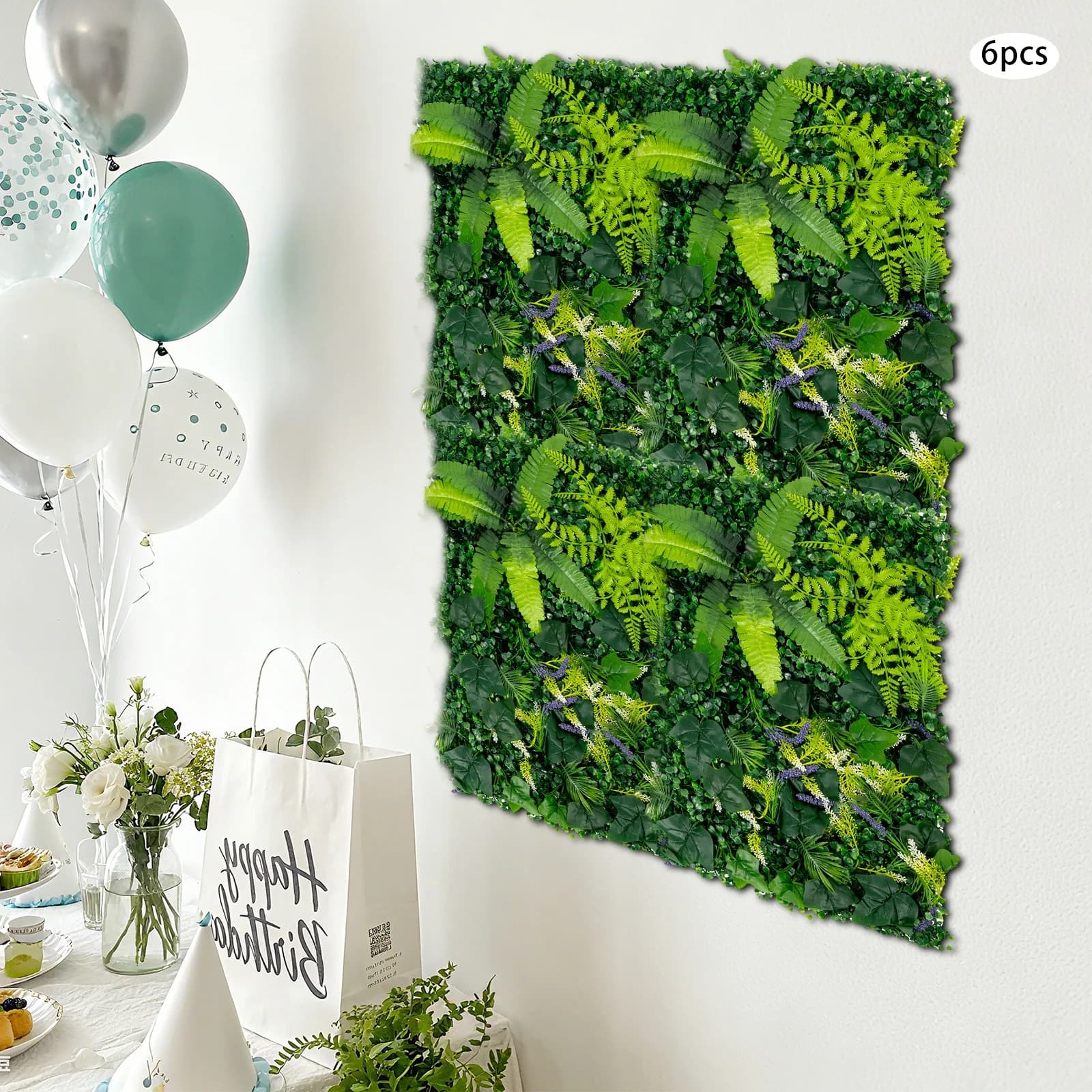 6Pcs Artificial Greenery Wall Panels 3D Realistic Mixed Foliage UV Protected Waterproof Modular Interlocking Fake Plant Vertical Garden No Maintenance For Home Balcony Restaurant Wedding Backdrop Outdoor Decor