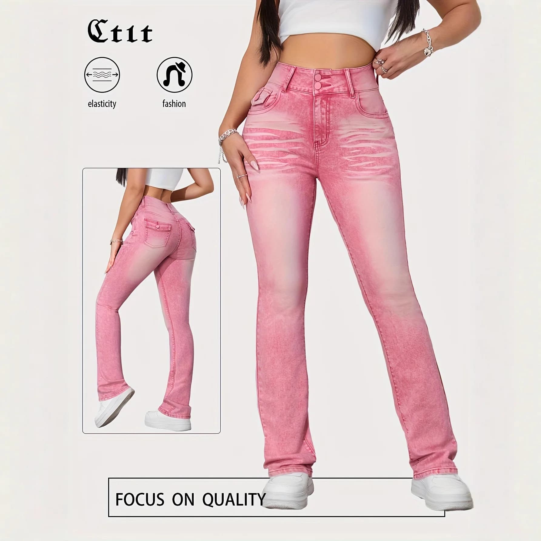 Jeans Slim Fit High Elasticity, Straight Colored Leg, Women's Pink Denim Pants, High Waist Jeans with Pattern Purple