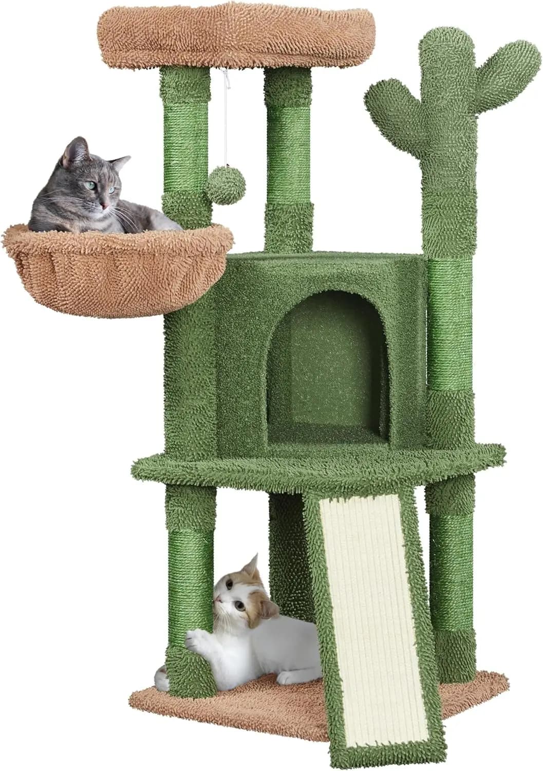 Albero per Gatti a Forma di Cactus da 42 Pollici per Gatti da Interno, Torre Multi-Livello con Tiragraffi, Cuccia in Peluche e Cesto