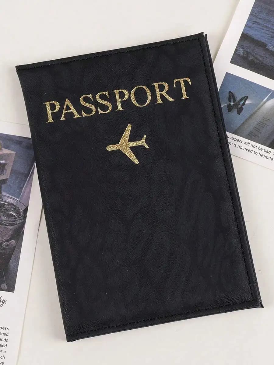 Copertina per Passaporto Nera con Design Aereo Dorato, Portafoglio da Viaggio, Porta Carte di Credito, Organizzatore Documenti