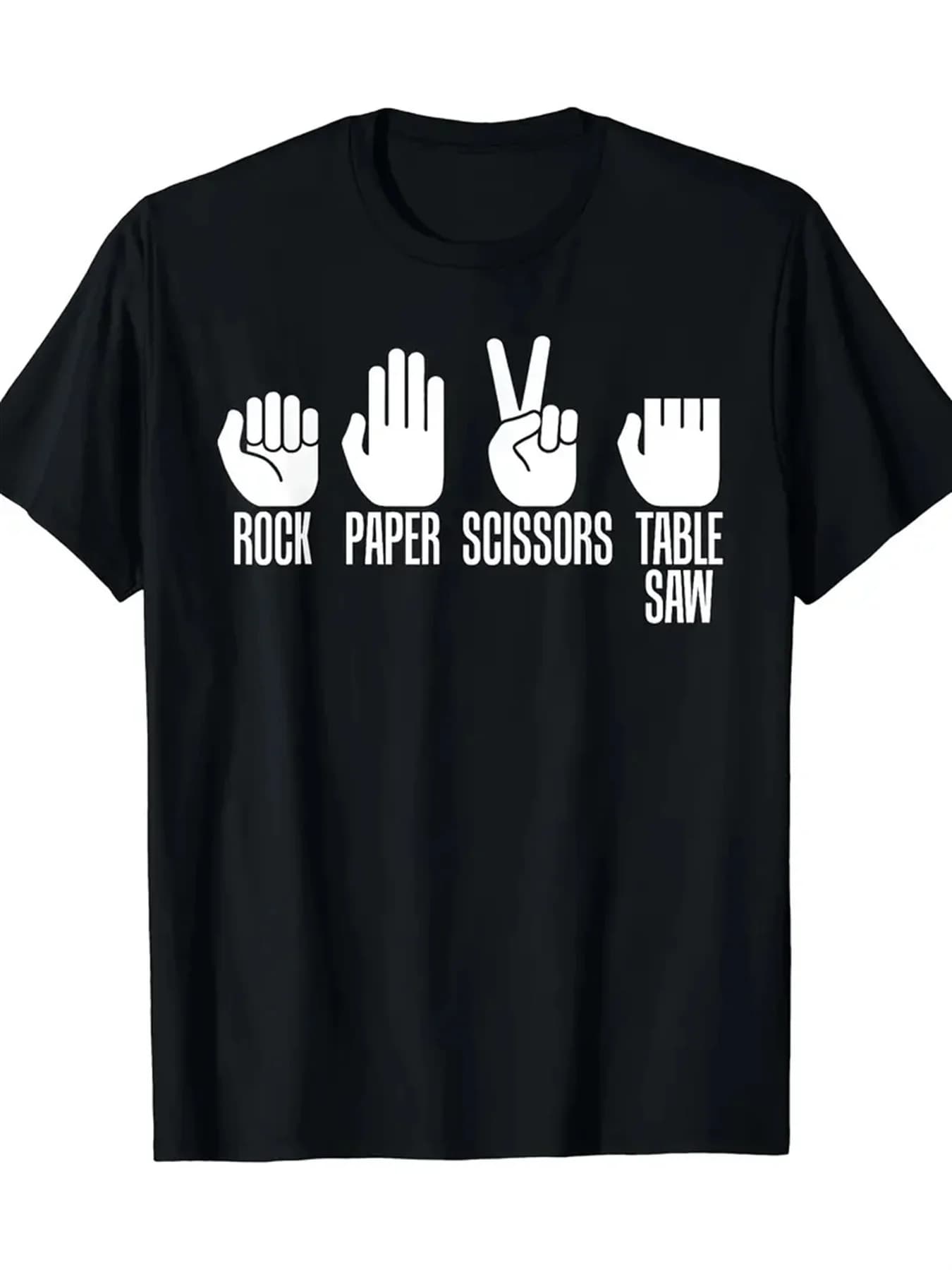 T-shirt grafica da uomo con forbici di carta da roccia, sega da tavolo, t-shirt nera in cotone slim fit con design giocoso dei gesti delle mani, traspirante
