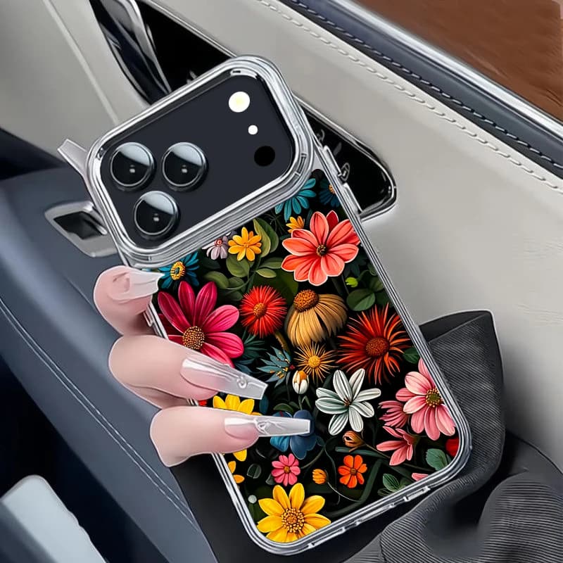 Custodia per telefono in TPU con stampa floreale per iPhone 17 16 15 14 13 Pro Max 17e 16e 11, con cornice per obiettivo placcata e cover posteriore in silicone morbido trasparente