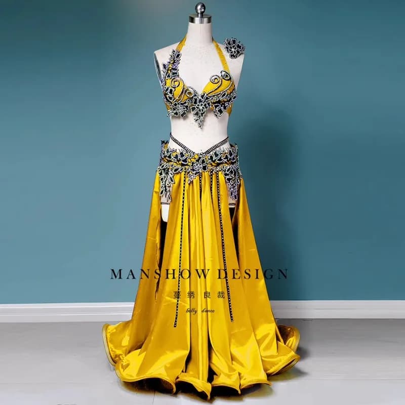 customized belly dance clothing set sexy double slit waist chain tassel long dress performance outfit belly dancer bra and skirt