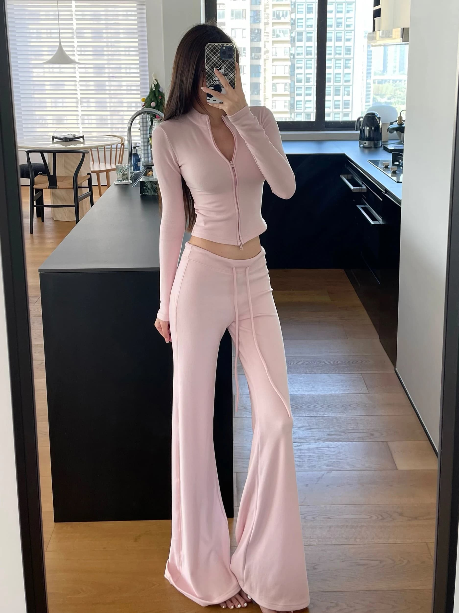 Women's Long Sleeve Zipper Cardigan with Drawstring Pants Two Piece Set Slim Fit High Waist White Casual Sportswear