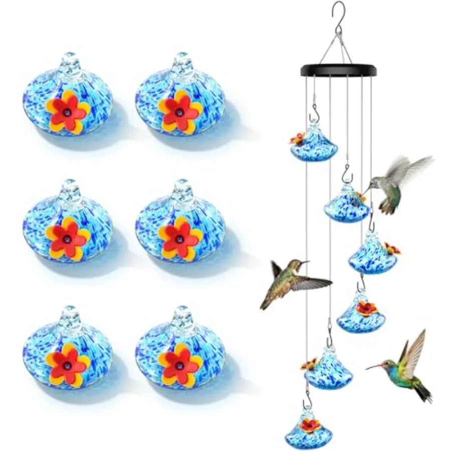 Wind Chime Glass Hummingbird Feeder - 20 Oz Outdoor Hanging Feeder with 6 Ports Attract More Hummingbirds, Leak-Proof Design, U