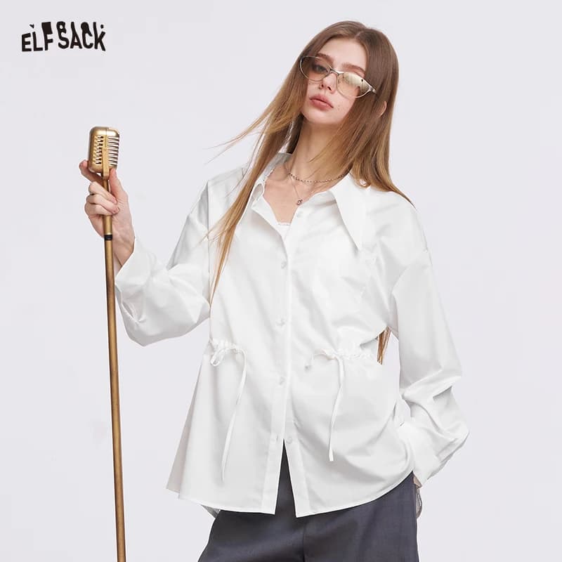 ELFSACK Women's White Minimalist Shirt with Drawstring Waist, Chic Drapey Blouse for Commute, Casual Long Sleeve Top