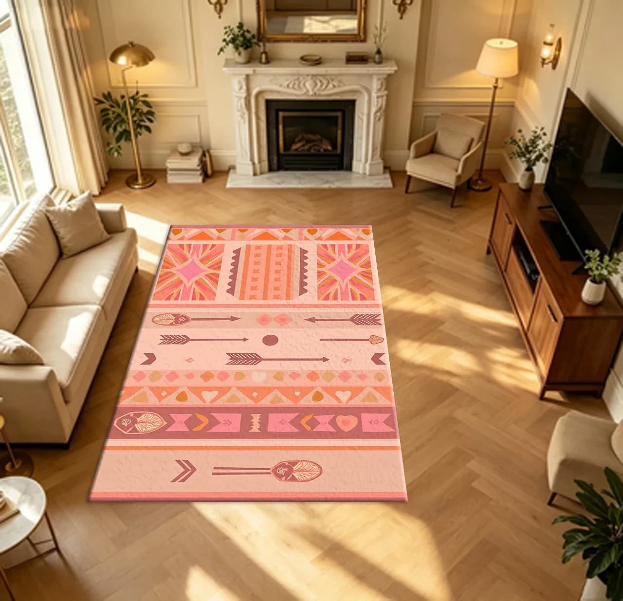 Pink Peach Bohemian Arrow Geometric Pattern carpet flooring Southwest Style Rug Mat