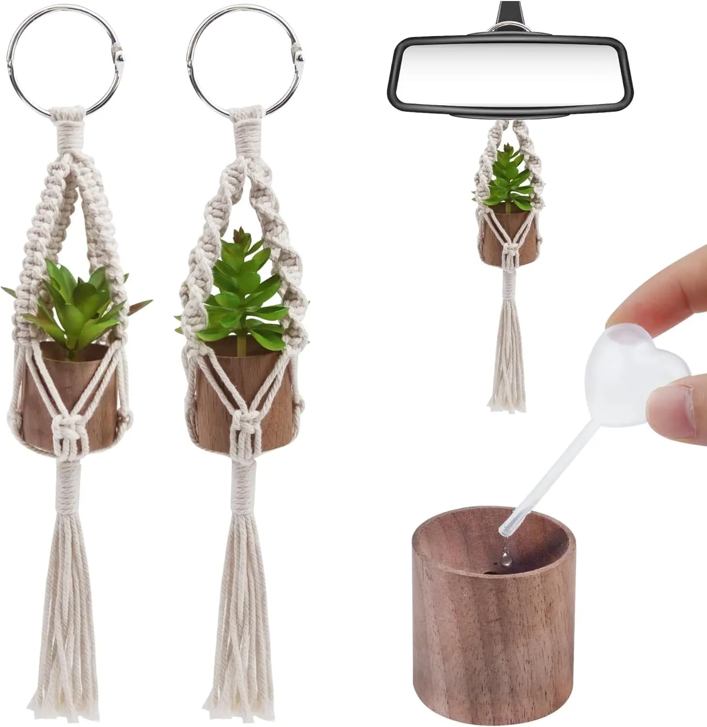 2 Pack Car Mirror Hanging Accessories Mini Macrame Crochet Plant Car Air Freshener with Wooden