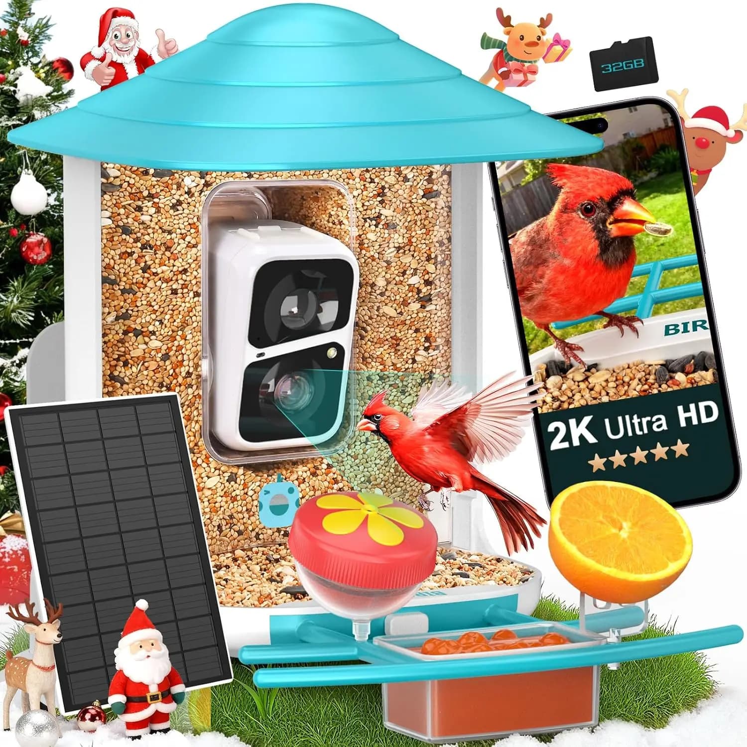 Fotocamera per mangiatoia per uccelli HD 2K con pannello solare, scheda da 32 GB, riconoscimento AI e visione notturna per il birdwatching all'aperto