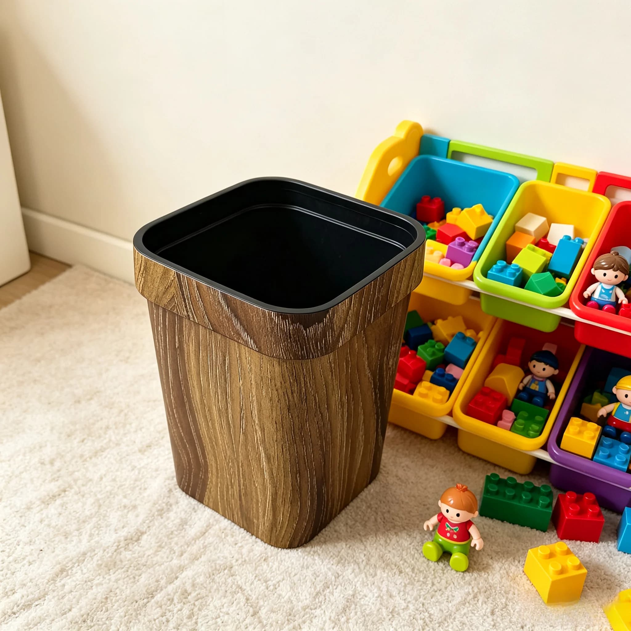 Wood‑Look Open‑Top Trash Can, Square Rustic Plastic Waste Basket, No‑Lid Decorative Garbage Bin for Living Room Bedroom Bathroom Home Indoor Decoration