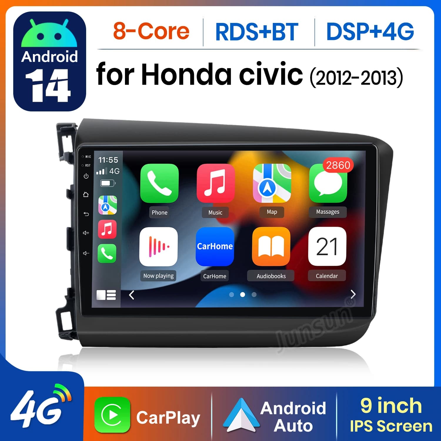 AWESAFE AI 4G LTE Wireless CarPlay Android Auto Autoradio Per Honda Civic 9 2011 2012 2013 2014 2015 GPS Navi BT DSP RDS FM
