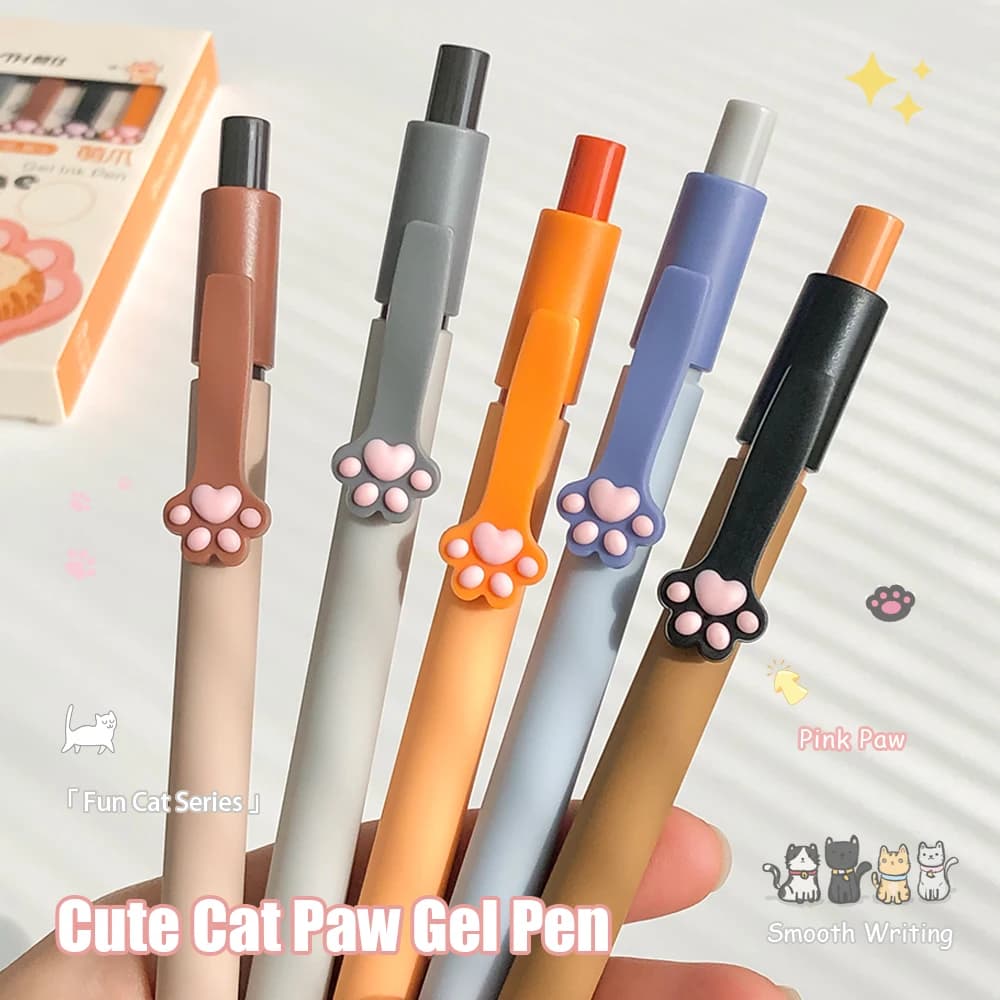 5 Penne Gel a Forma di Zampa di Gatto, 0.5mm, Serie Divertente per Studio e Ufficio