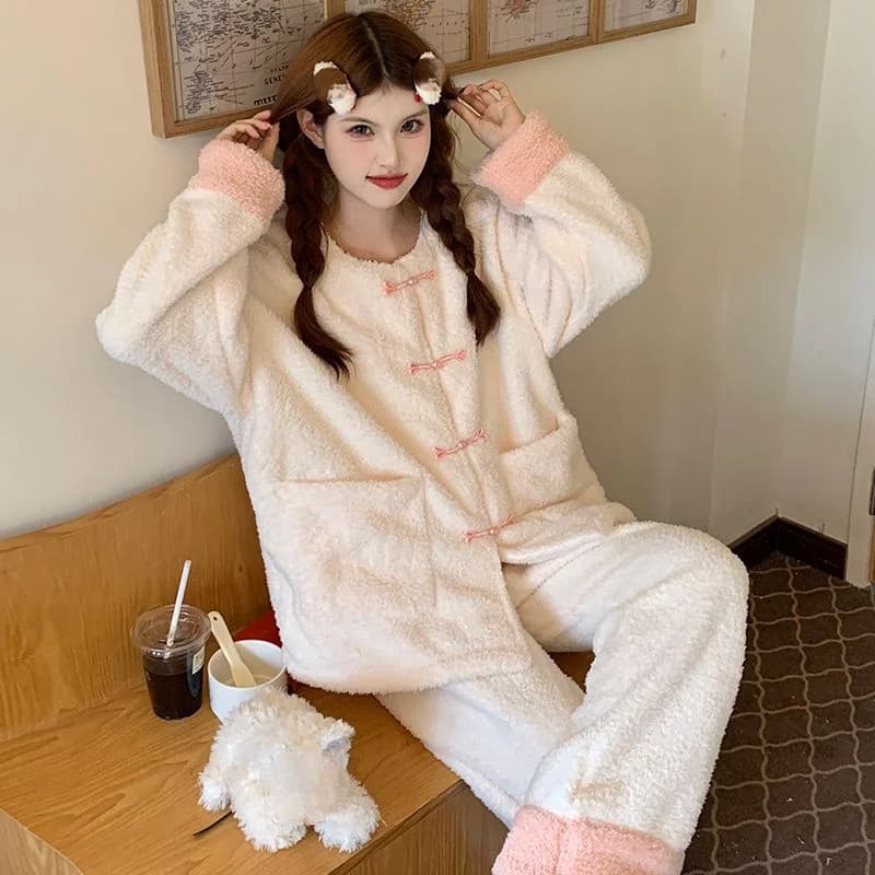 Women's coral fleece pyjamas Set Solid Color Winter warm night garments Warm and comfortable pyjamas in flannel Homewear Spring night garments