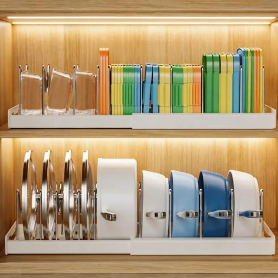 Organizzatore per Pentole e Padelle da Sottopensile, Contenitore Espandibile da 22 Pollici per Conservazione Alimenti con 10 Divisori Regolabili