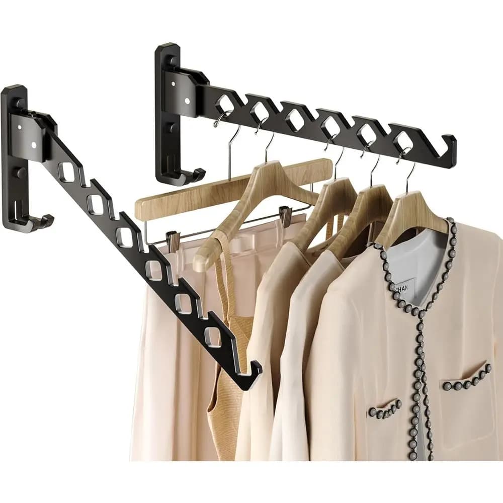 Wall Mount Coat Hanger Holder Black Clothes Drying Organizer Rack Garment Hooks Aluminium Retractable Indoor Wall Mounted Hanger