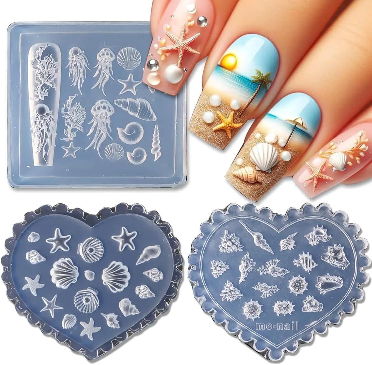 3D Silicone Prints in Shell Shape and Stella Marina, 3 Pieces for Ocean Theme Nail Art, for Beach Summer Decorations