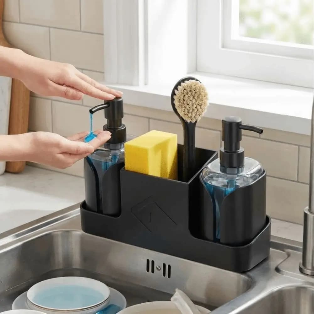 Dispenser di Sapone da Cucina Ricaricabile con Porta Spugna, Set 2 in 1 con Vassoio Portaoggetti per Lavello