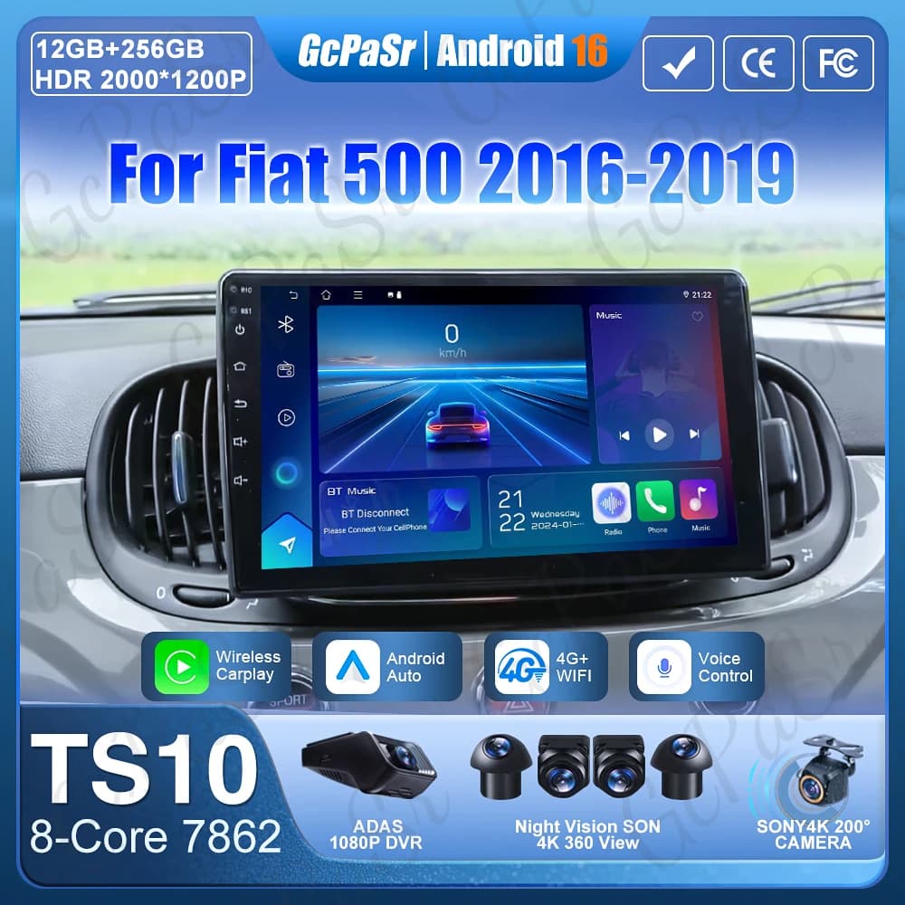Autoradio Android 16 with Carplay for Fiat 500 2012-2017 2018 2019, GPS screen, Navigation, Monitor Stereo DVD Without 2din GPS DSP