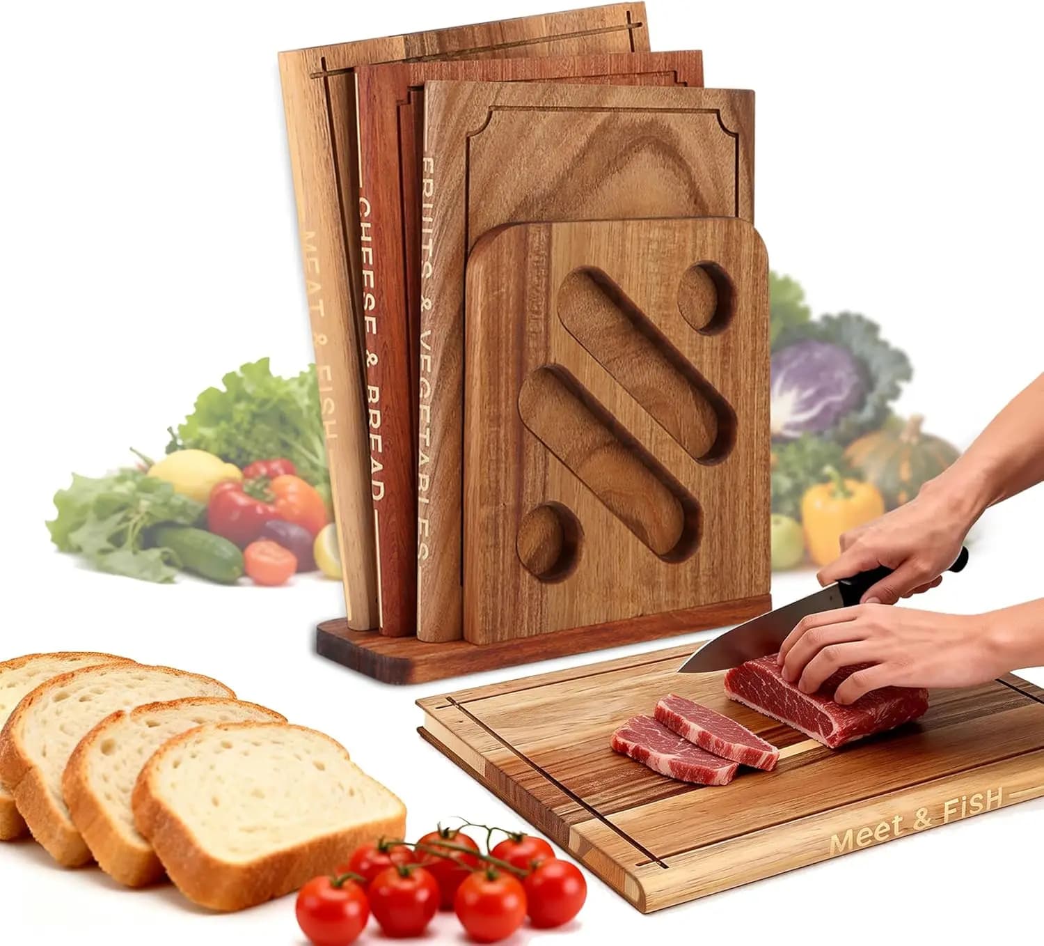Set di 3 Taglieri a Forma di Libro: Acacia, Sapele e Noce Peruviano con Supporto