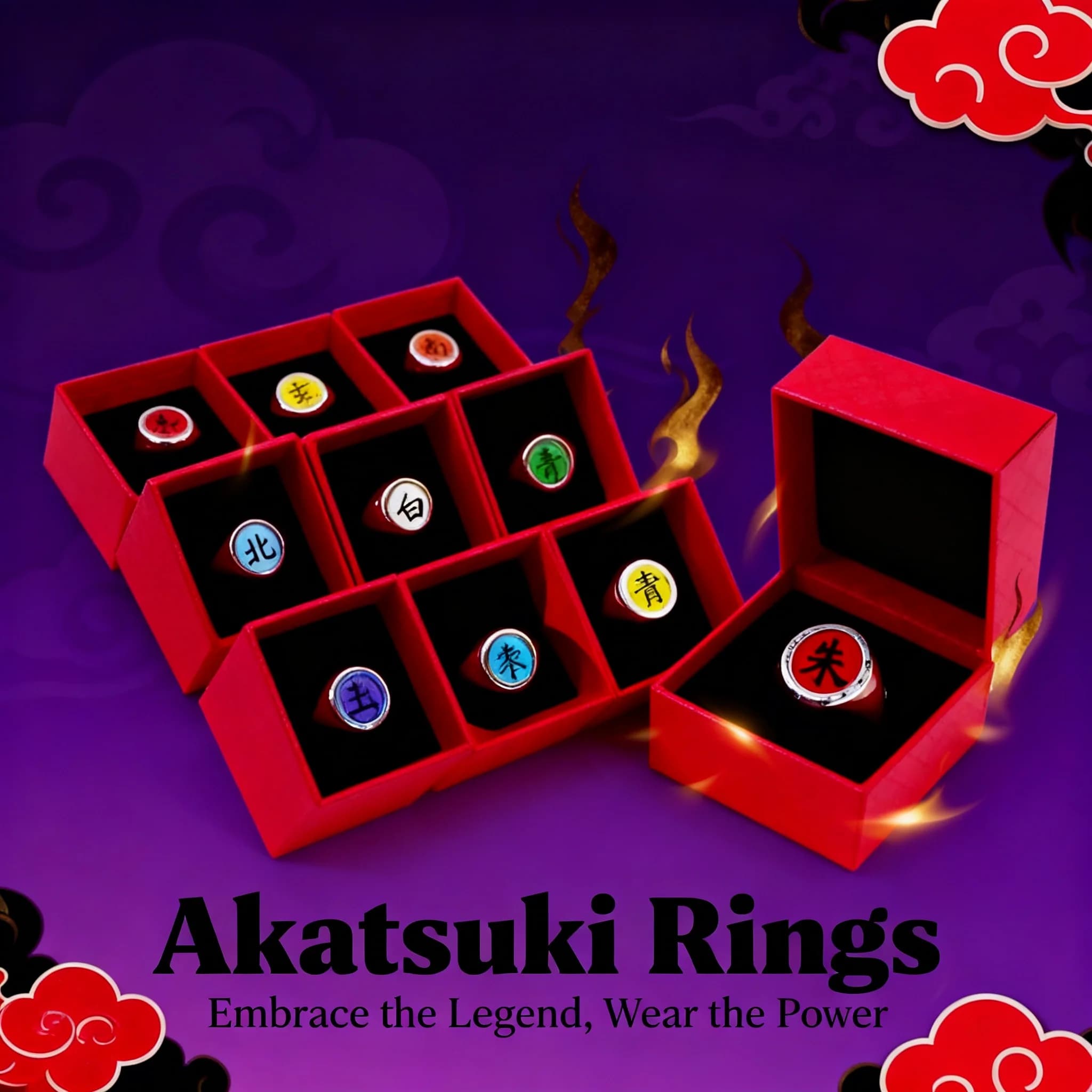 Anello Accessorio Anime Akatsuki Itachi con Caratteri Rossi, Anello Singolo Naruto Shippuden in Confezione Regalo