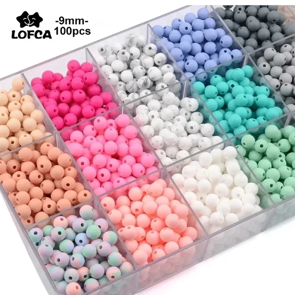 LOFCA 9mm 100 pezzi perline per dentizione in silicone massaggiagengive collana per allattamento per bambini clip ciuccio igiene orale BPA gratuito per uso alimentare colorato