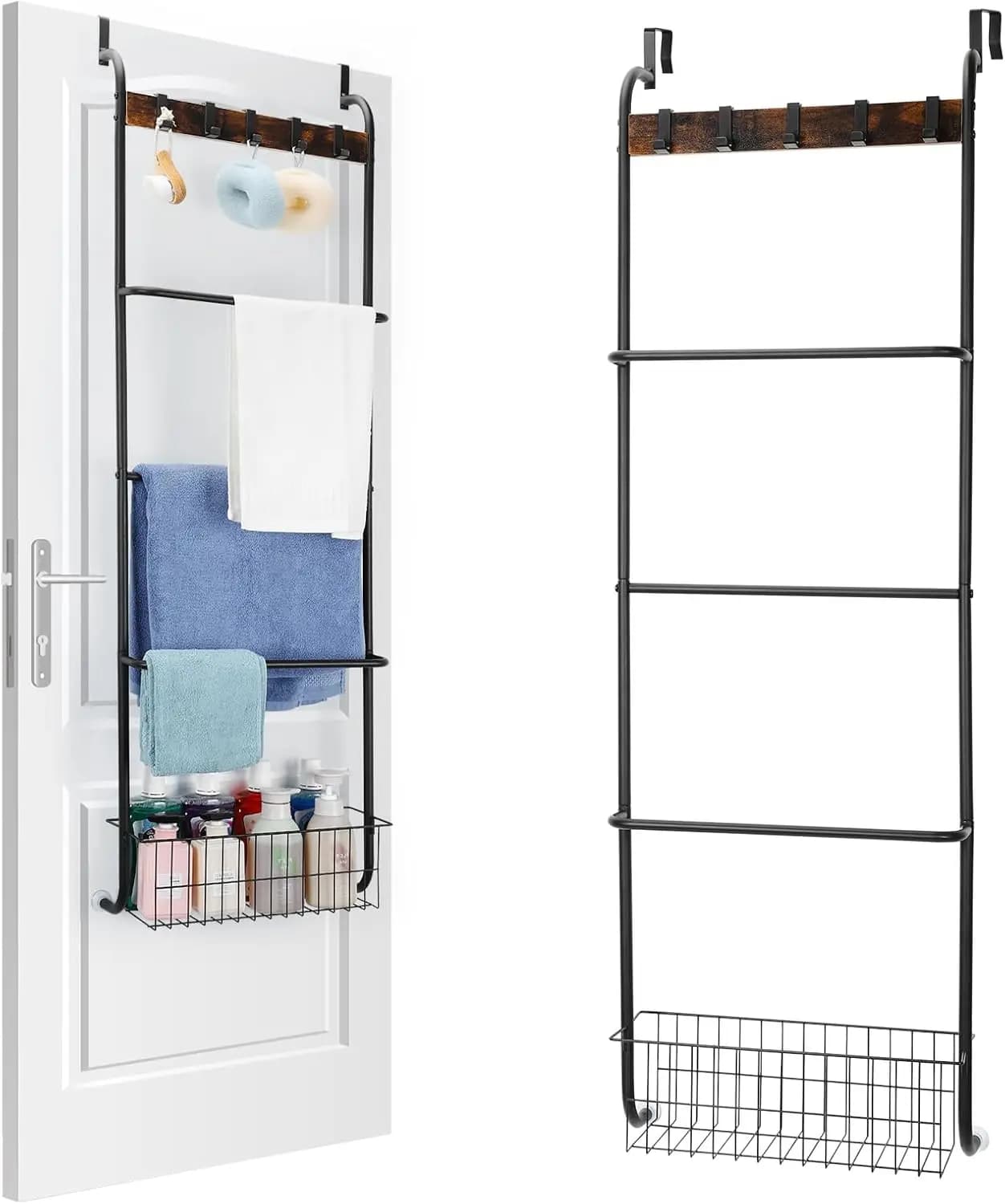 Portasciugamani da appendere sopra la porta per il bagno, portaasciugamani a 5 livelli con ganci e cestino, appendiasciugamani da porta.