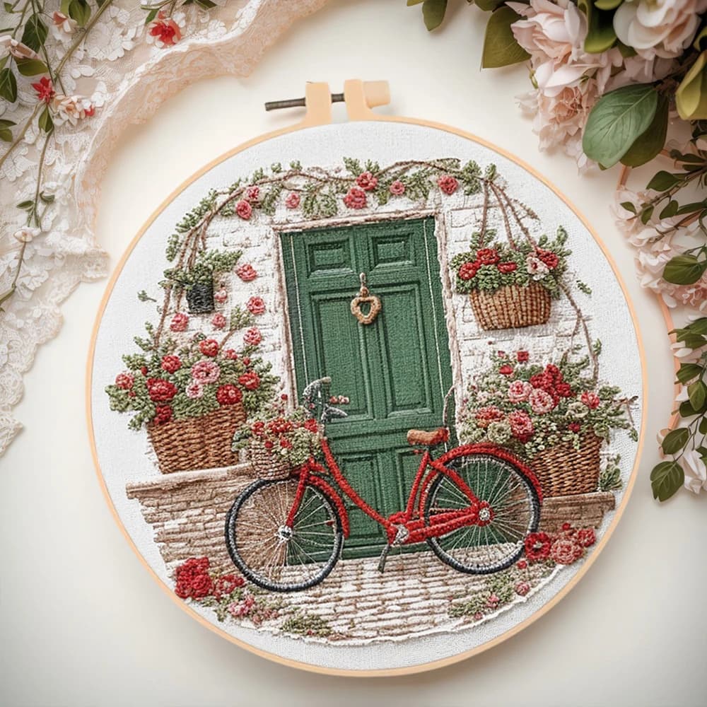 Evershine Embroidery Kit With Hoop Bicycle Landscape Pattern For Adults Beginners Flower Design Fabric DIY Handmade Sewing Art