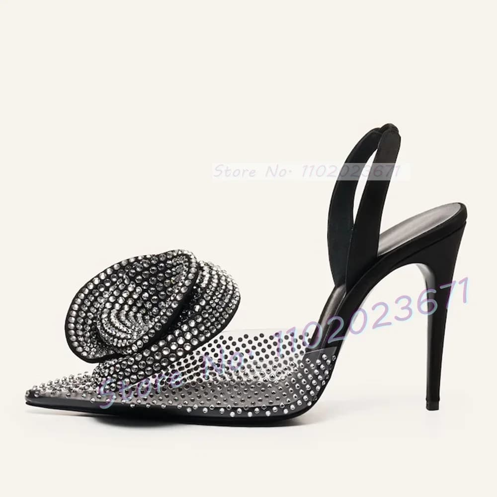 Sandali in Pvc con fiore di strass a punta sandali con tacco alto trasparenti con Slingback da donna scarpe da festa di lusso femminili da pista estiva