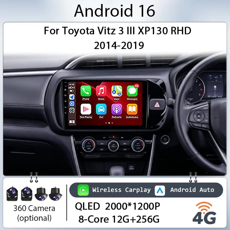 Android 16 Wireless CarPlay GPS 4G for Toyota Vitz 3 III XP130 RHD 2014-2019 Car Stereo 9" IPS HD Touch Screen Multimedia Player