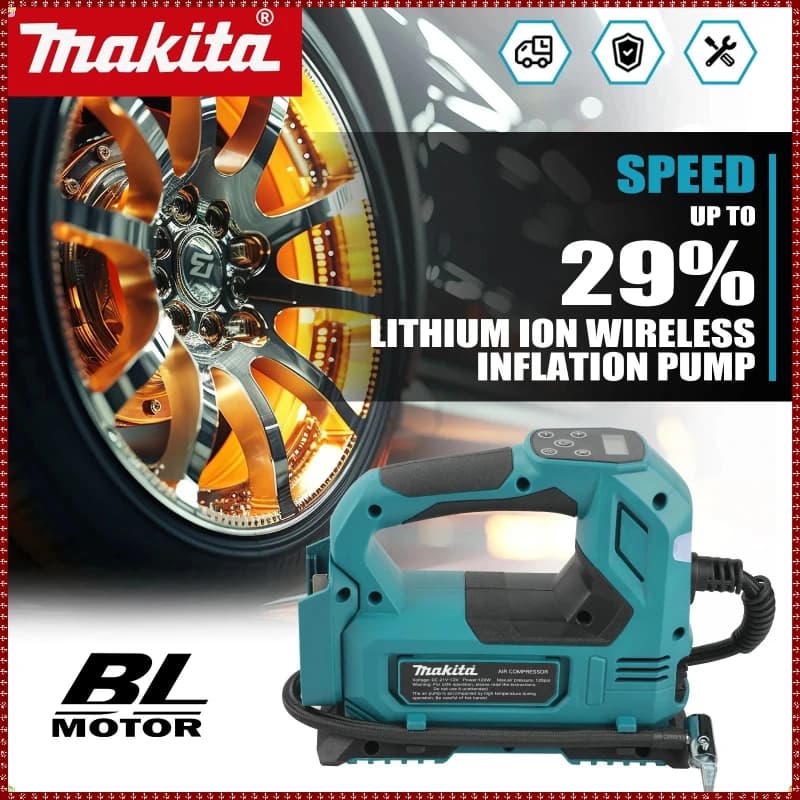 Pompa ad aria senza fili Makita: Gonfiatore portatile per pneumatici con display digitale per auto e moto, utensile con batteria da 18V