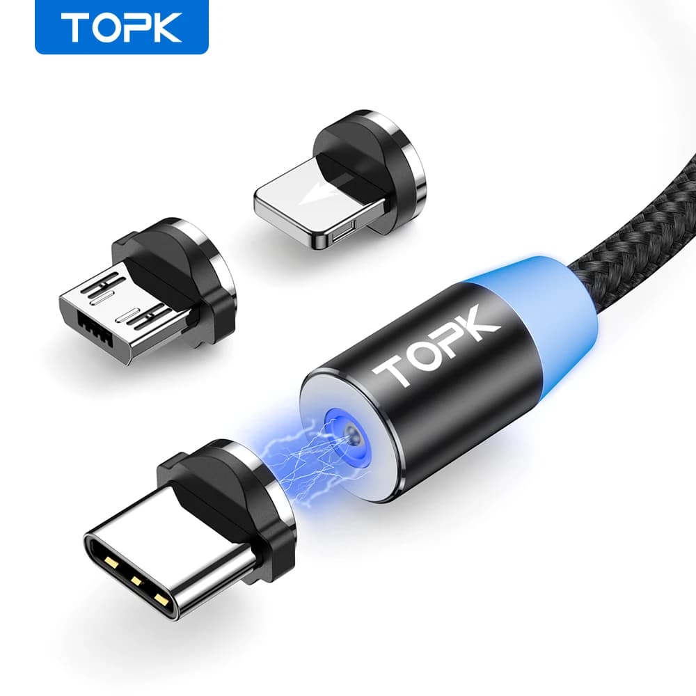 Cavo di ricarica magnetico 3 IN 1 TOPK cavo di ricarica per telefono magnetico rotante a 360 gradi cavo magnetico Micro USB C intrecciato IN Nylon