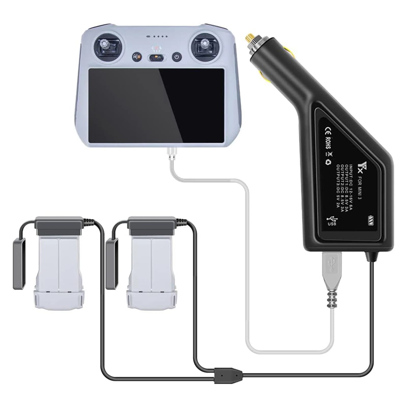 3-in-1 doppia ricarica per Mini 3 Mini 4 caricabatteria da auto caricatore remoto con porta USB per Mini 3 Pro Mini 4 Pro accessori per droni