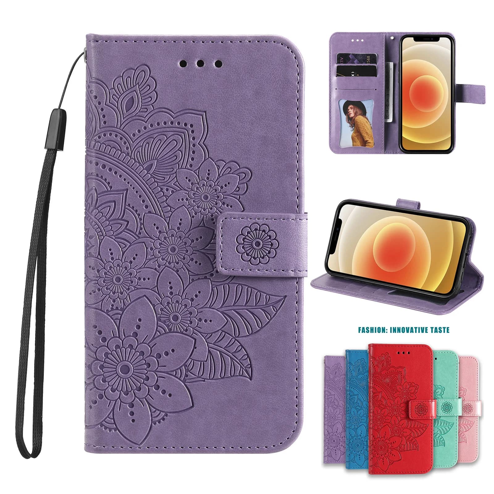Luxury leather Sunflower book case with 3 card slots and wrist strap for Samsung Galaxy Wide 7 6 5 Quantum 4 Buddy 3 Jump 2